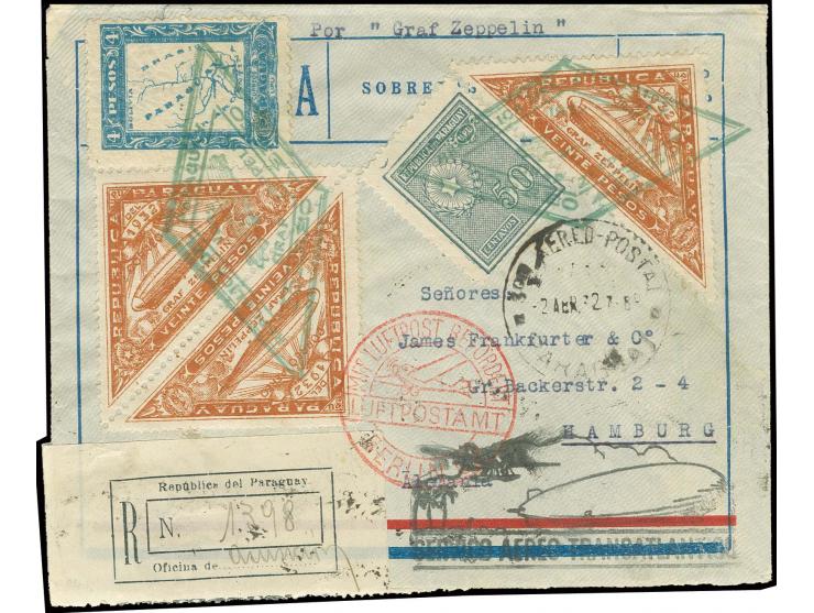 Paraguay-Post: R-Brief mit u.a. 3 Werten Zeppelin 20 P. nach Hamburg, Pracht