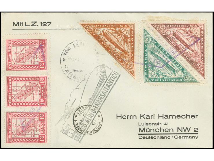 Paraguay-Post: R-Brief mit u.a. Zeppelin 20 P. sowie Paraguay- und zusätzlich Brasilien-Sonderstempel nach München