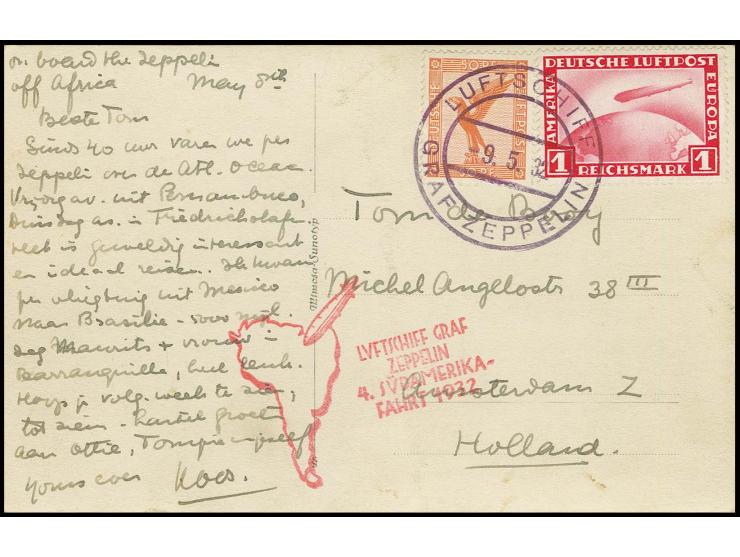4. Südamerikafahrt, Passagier-Bordpost-Fotokarte mit u.a. Zeppelin 1 M. und Bordpoststempel vom 9.5. nach Holland
