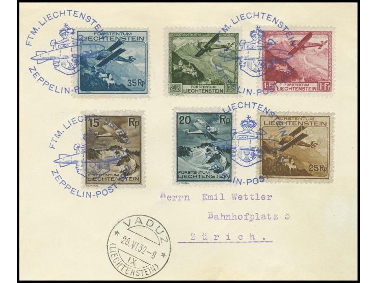 Schweizfahrt 28.6., Liechtensteinische Zeppelinpost: Brief mit komplettem Flugpost-Satz und blauem Sonderstempel nach Zürich,