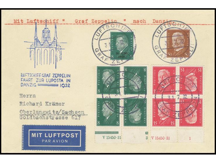 LUPOSTA-Fahrt, Bordpostbrief mit u.a. Zusammendrucken Mi.-Nr. K12 und 14, jeweils 2 Stück im Unterrand-4er-Block mit vollstän