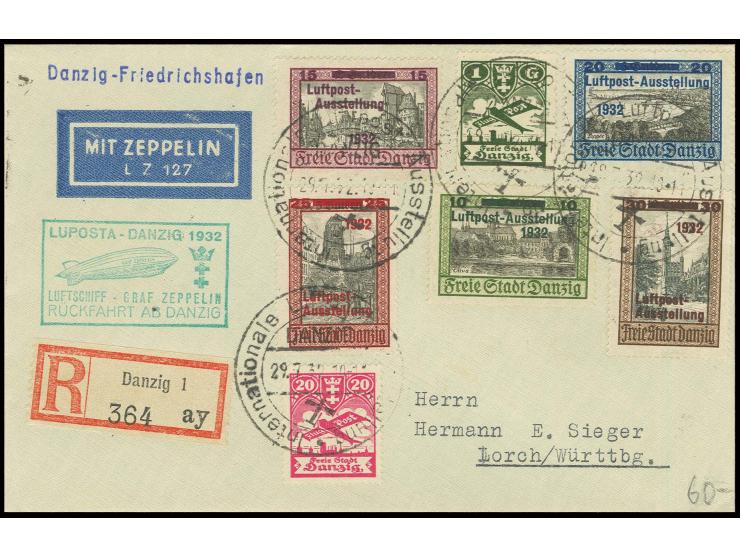 Danziger Post: R-Brief der Rückfahrt mit kpl. Flugpost-Satz, Pracht