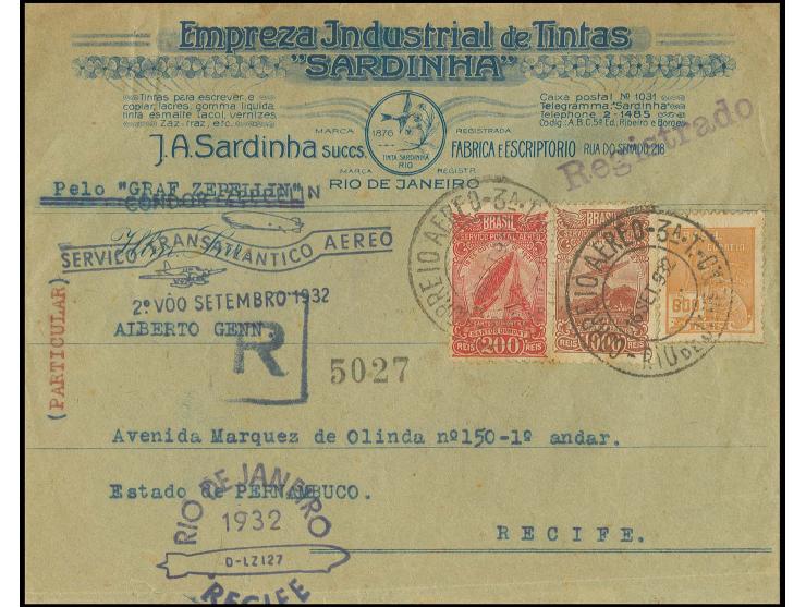 6. Südamerikafahrt, Brasilien-Post: R-Brief der Rundfahrt mit beiden Bestätigungsstempeln in violett, geringfügige Bedarfsmän