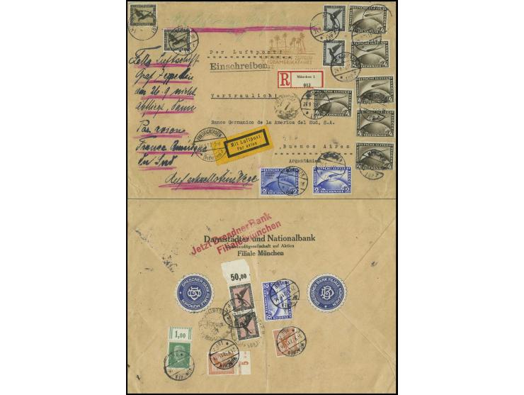 7. Südamerikafahrt, R-Brief mit u.a. Zeppelin 2 M. (2), 4 M. (6) und Südamerikafahrt 2 M. als außergewöhnliches 43,05 M.-Port