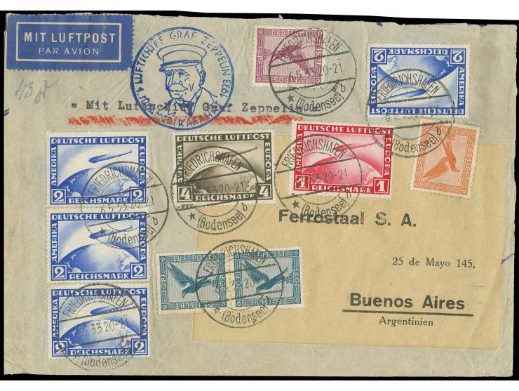1933, 1. Südamerikafahrt, Firmenbrief der 9. Gewichtsstufe (43 gr.) mit u.a. Zeppelin 1, 2 (4) und 4 M. nach Buenos Aires mit