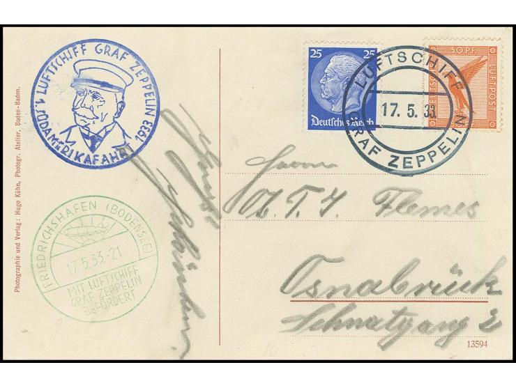 1. Südamerikafahrt, Bordpostkarte der Rückfahrt, Etappe Sevilla-Friedrichshafen vom 17.5., frankiert mit dem ermäßigten Europ