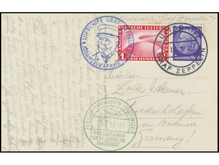 Passagier-Bordpostkarte der Rückfahrt mit u.a. Zeppelin 1 M. und Bordpoststempel vom 14.5., adressiert an Lotte Eckener, die 