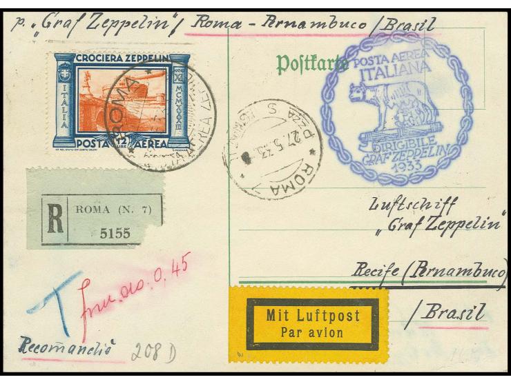 Italienische Post, Sonderstempel von Rom: Zeppelin 3-20 L. komplett auf 5 meist R-Karten und -Briefen, dabei 3 und 5 L. zusam