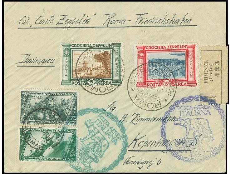 R-Brief mit u.a. Zeppelin 10 und 5 L. sowie 2 Bestätigungsstempeln in blauviolett und blaugrün nach Kopenhagen mit Ankunftsst