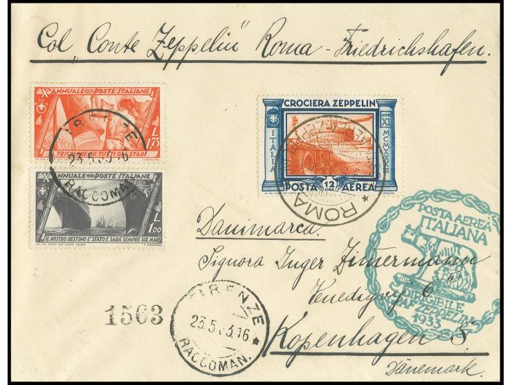 Brief mit u.a. Zeppelin 12 L. und blaugrünem Bestätigungsstempel nach Kopenhagen mit Ankunftsstempel, Kabinett