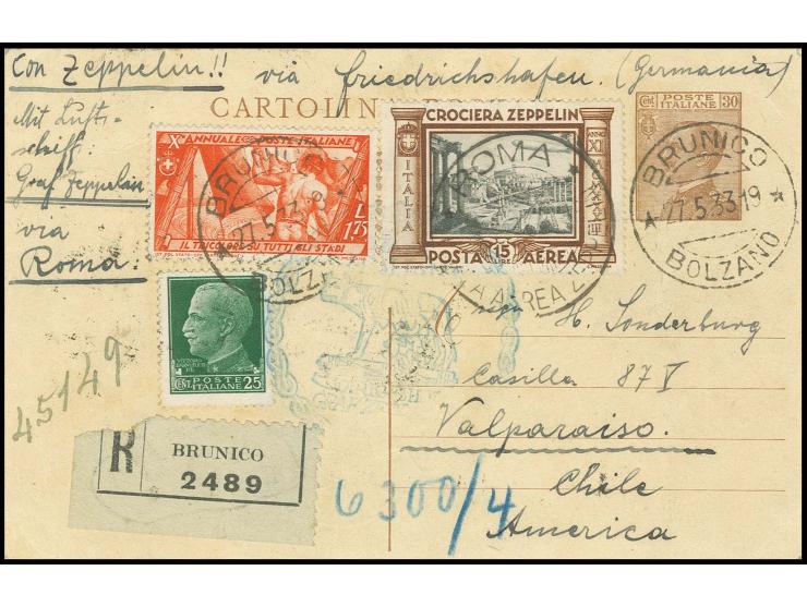 R-Karte mit u.a. Zeppelin 15 L. sowie blauem Bestätigungsstempel nach Valparaiso/Chile mit Ankunftsstempel, Pracht