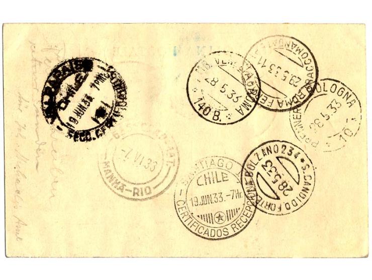 R-Karte mit u.a. Zeppelin 15 L. sowie blauem Bestätigungsstempel nach Valparaiso/Chile mit Ankunftsstempel, Pracht