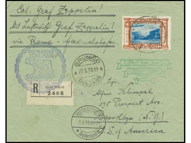 R-Brief mit u.a. Zeppelin 20 L. mit blauviolettem Bestätigungsstempel mit anschließender Beförderung mit 2. Südamerikafahrt, 