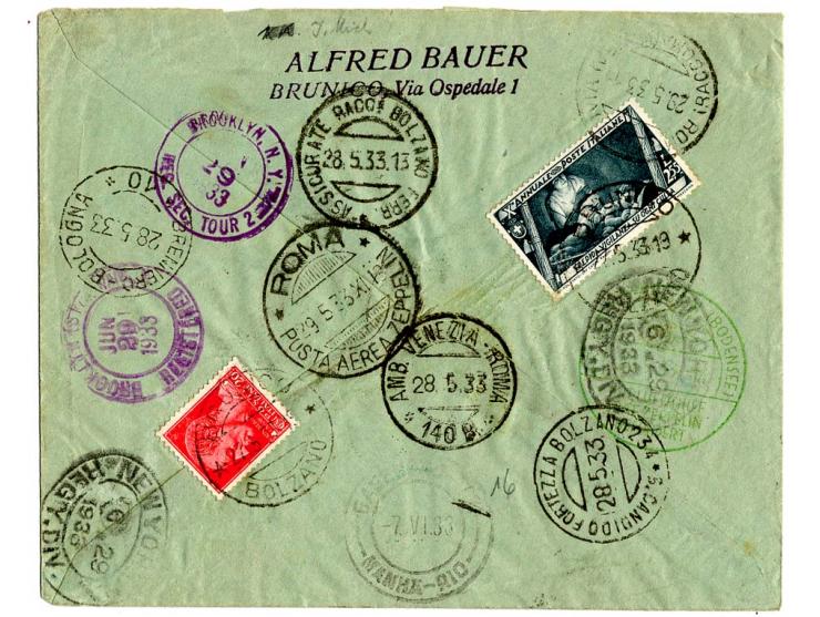 R-Brief mit u.a. Zeppelin 20 L. mit blauviolettem Bestätigungsstempel mit anschließender Beförderung mit 2. Südamerikafahrt, 