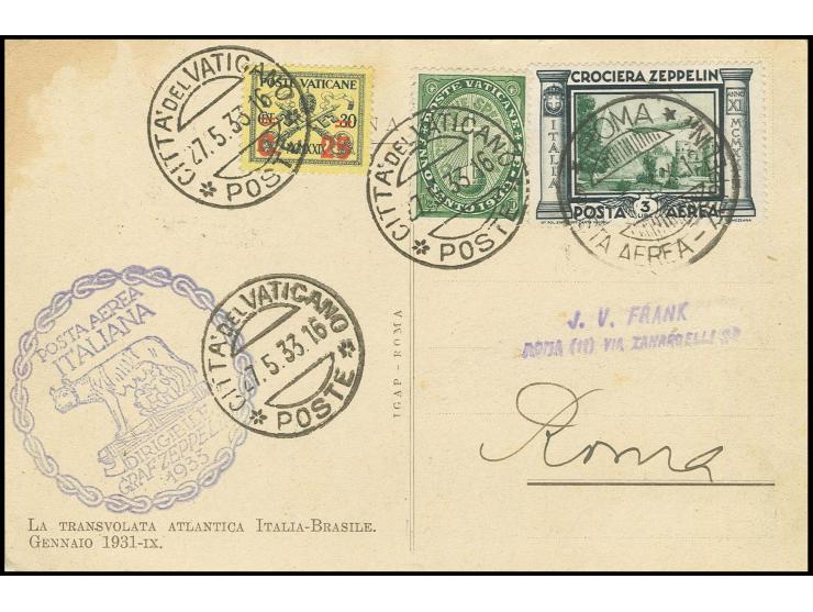 Vatikan-Post mit Mischfrankatur Italien/Vatikan: Karte mit Zeppelin 3 L. mit blauviolettem Bestätigungsstempel, oben links ge