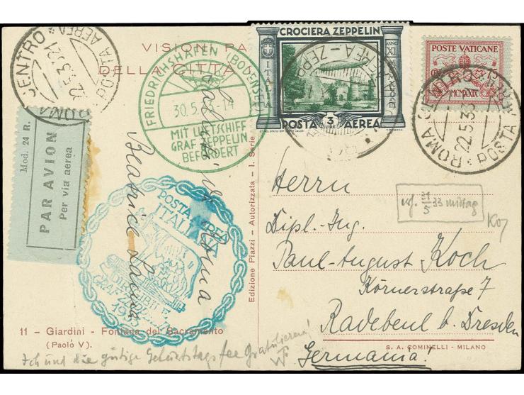 Karte mit Zeppelin 3 L. (gering über Rand geklebt) und blaugrünem Bestätigunsstempel nach Radebeul, leichter Kartenbug
