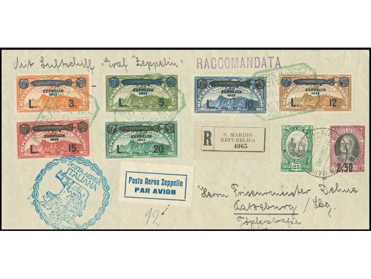 San-Marino-Post mit Sonderstempel "CITTA": R-Brief mit u.a. kpl. Zeppelinsatz und blauem Bestätigungsstempel nach Ratzeburg m