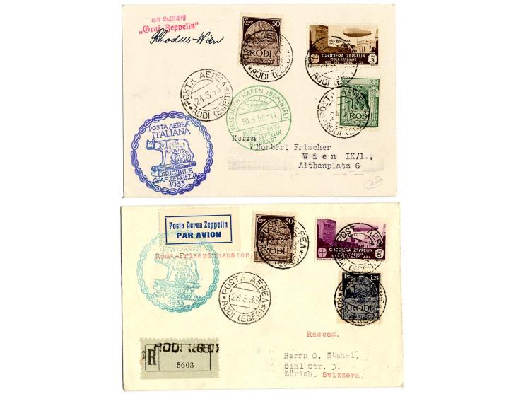 Ägäische Inseln: 6 Briefe/Karten, davon 3 eingeschrieben, mit Zeppelin 3-20 L. kpl., Kabinett