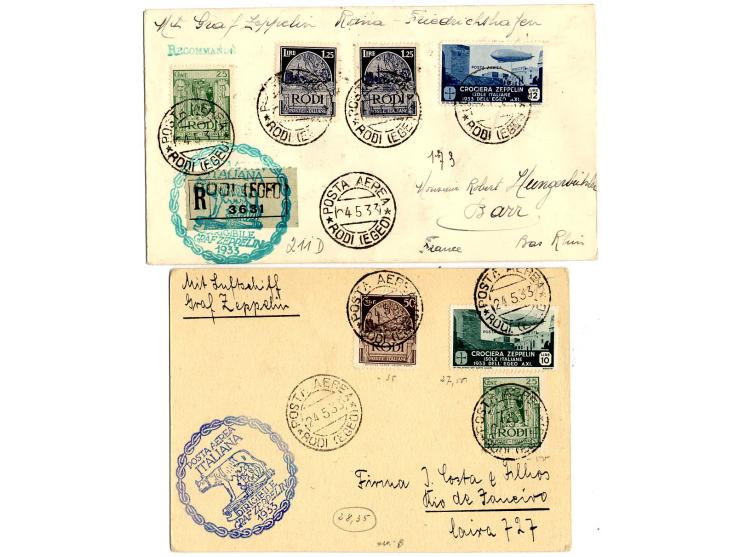 Ägäische Inseln: 6 Briefe/Karten, davon 3 eingeschrieben, mit Zeppelin 3-20 L. kpl., Kabinett
