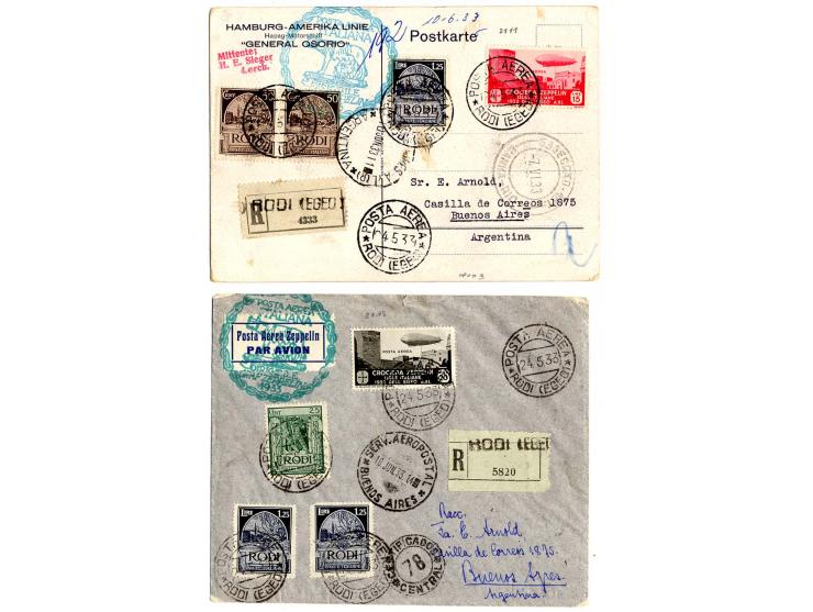 Ägäische Inseln: 6 Briefe/Karten, davon 3 eingeschrieben, mit Zeppelin 3-20 L. kpl., Kabinett
