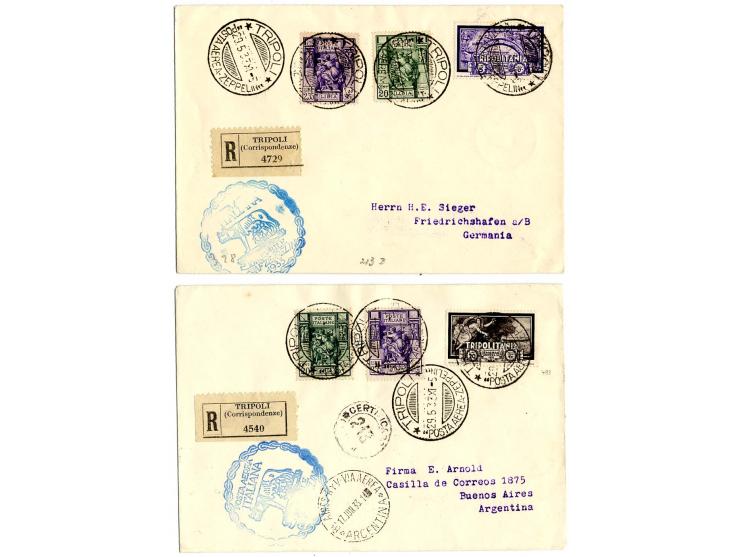 Cyrenaika mit Stempel "TRIPOLI": 6 Karten/Briefe, alle eingeschrieben, mit Zeppelin 3-20 L. kpl., meist nach Südamerika, Prac