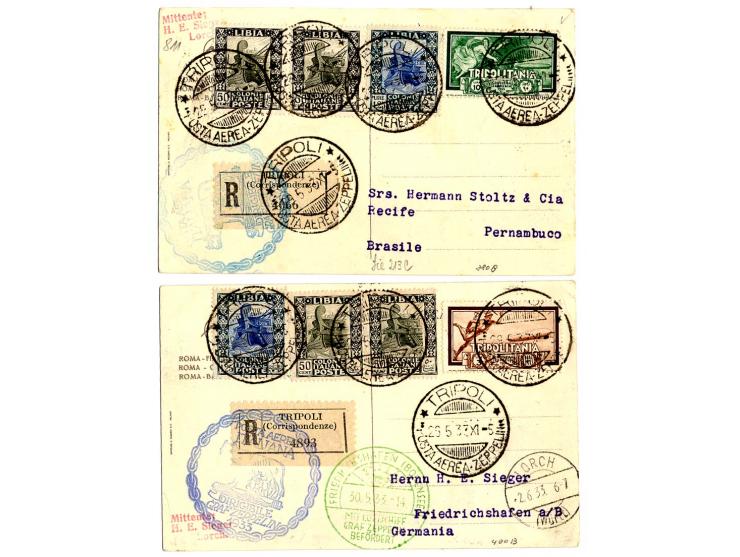 Cyrenaika mit Stempel "TRIPOLI": 6 Karten/Briefe, alle eingeschrieben, mit Zeppelin 3-20 L. kpl., meist nach Südamerika, Prac