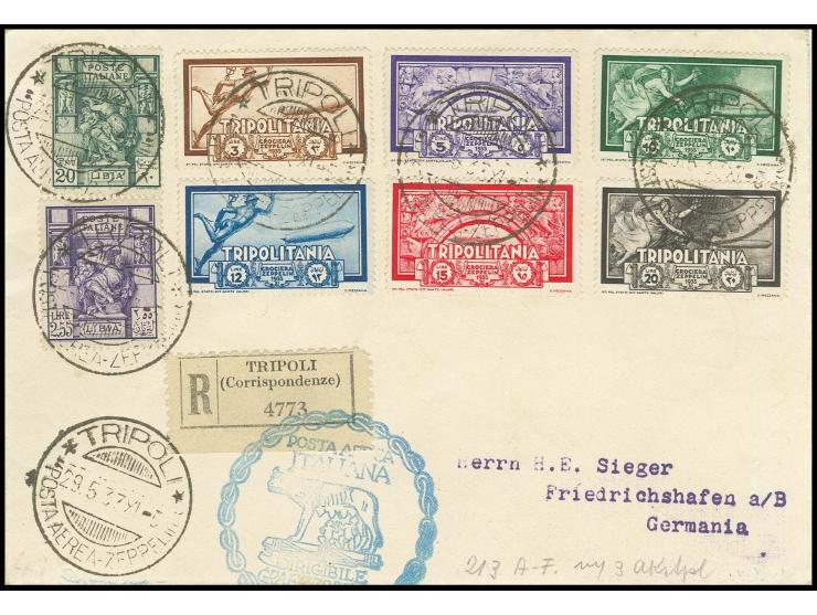 R-Brief mit Zeppelin 3-20 L. kpl. und blauem Bestätigungsstempel nach Friedrichshafen, Kabinett