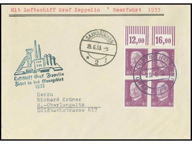 Saargebietsfahrt, Bordpostbrief mit Mi.-Nr. 418 im Oberrand-4er-Block mit vorderseitigem Ankunftsstempel von Saarbrücken, Pra