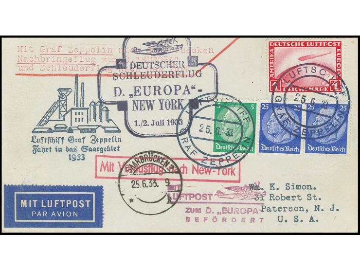 Saargebietsfahrt, Bordpostkarte der Hinfahrt mit u.a. Zeppelin 1 M. und anschließender Schleuderflugbeförderung "Europa"-New 