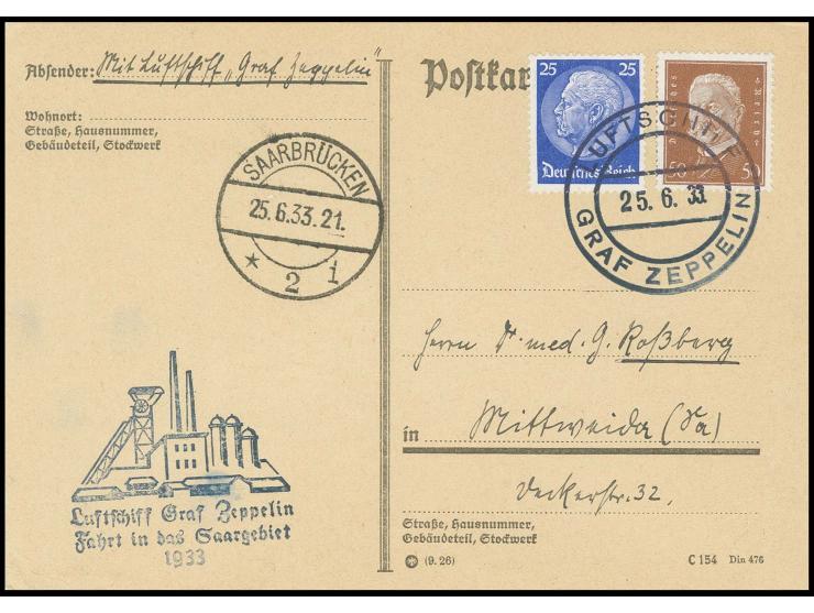 Bordpostkarte der Rundfahrt mit vorderseitigem Ankunftsstempel "SAARBRÜCKEN 21" (Uhr), Kabinett (Mi.-Nr. 313)