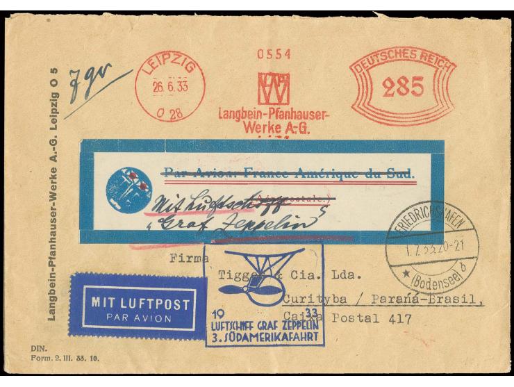3. Südamerikafahrt, portogerechter Freistemplerbrief "285" Pf. nach Curityba, der Brief war zunächst zur Luftpostbeförderung 
