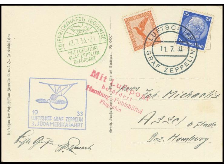 Bordpost-Fotokarte der Rückfahrt, Etappe Sevilla-Friedrichshafen, frankiert mit Europa-Porto 75 Pfg. mit zusätzlich rotem Luf