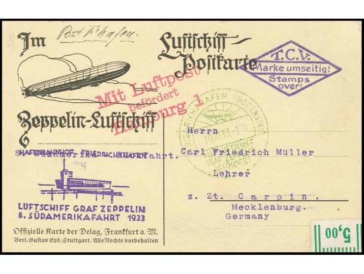 Delag-Bordpostkarte der Rückfahrt, Etappe Sevilla-Friedrichshafen vom 9.10. mit vorderseitig rotem Luftpost-Bestätigungsstemp