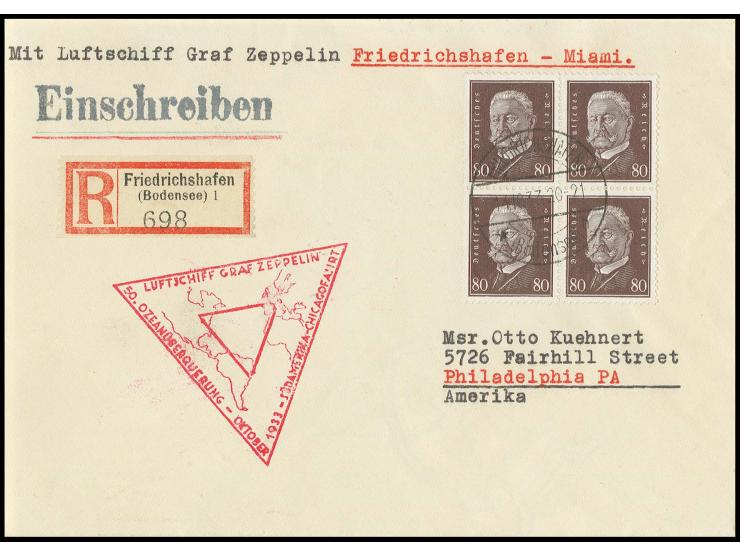 R-Brief bis Miami mit Mi.-Nr. 422 im 4er-Block, Kabinett