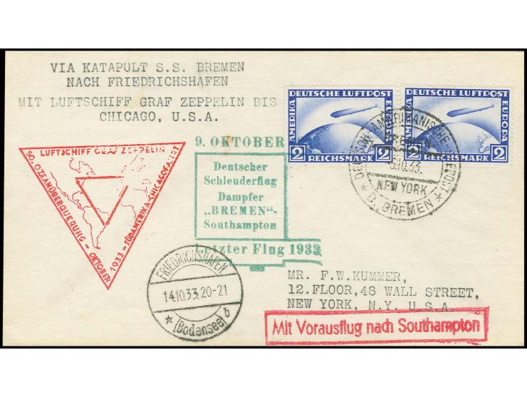Brief bis Chicago, frankiert mit 2 Werten Zeppelin 2 M. und vorausgegangener Katapultflugbeförderung "Bremen"-Southampton 9.1