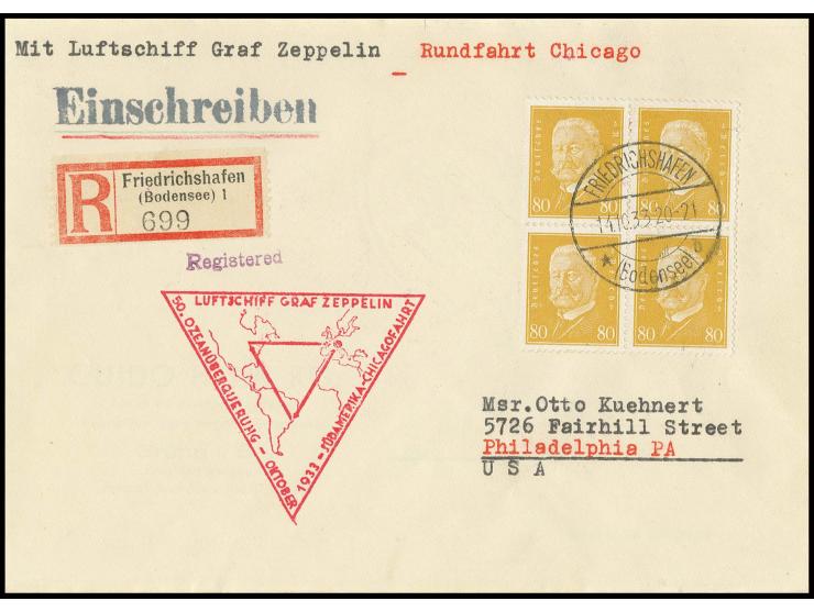R-Brief bis Chicago mit Mi.-Nr. 437 im 4er-Block, Kabinett