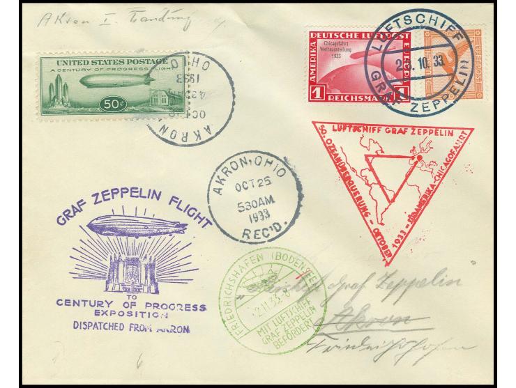 Etappenpost: Brief Miami-Akron mit u.a. Chicagofahrt 1 M. und Bordpoststempel vom 13.10. sowie Ankunftsstempel von Akron, dor
