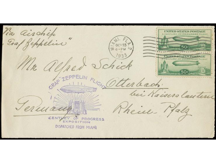 USA-Post: Brief Miami-Friedrichshafen mit 2 Werten Zeppelin 50 C. (wenige Zahnspitzen gering getönt), sehr selten