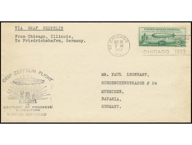 Brief Chicago-Friedrichshafen mit Zeppelin 50 C. mit Ersttagsstempel nach München, Pracht