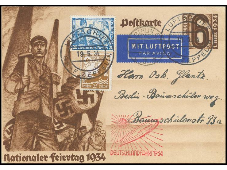 Deutschlandfahrt, Passagier-Bordpostkarte mit u.a. Wagner 20 Pfg. und Bordpoststempel vom 19.5. bis Berlin, Kabinett