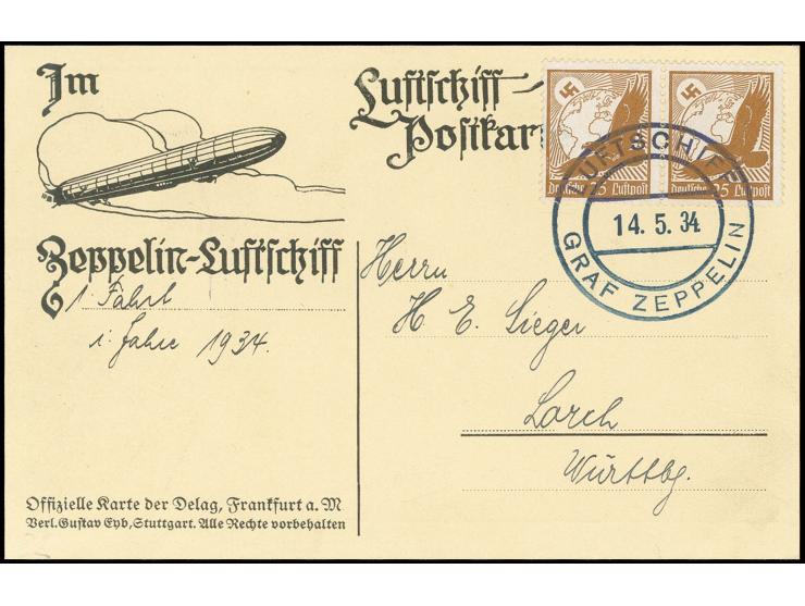 Werkstättenfahrten 14.5., Delag-Karte mit Passagiervermerk "1. Fahrt i. Jahre 1934", Kabinett