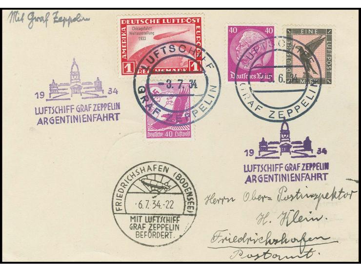 3. Südamerikafahrt, Bordpostkarte der Hin- und Rückfahrt mit u.a. Chicagofahrt 1 M. sowie Bordpoststempel vom 25.6. bzw. 3.7.