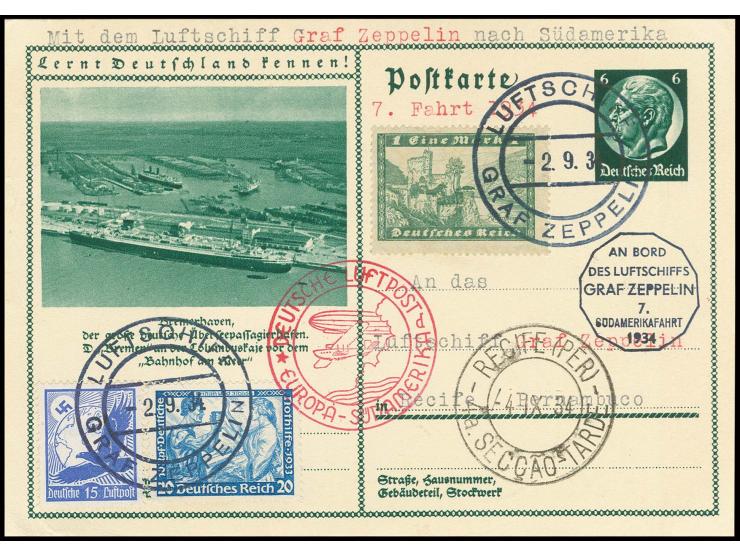 7. Südamerikafahrt, Bordpostkarte mit u.a. Wagner 20 Pfg. und Bordpoststempel vom 2.9. sowie Bordstempel nach Pernambuco, Kab