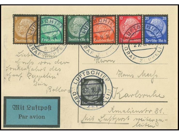 Kurzfahrt in die Schweiz 27.9., farbige Passagier-Werbekarte der Lufthansa mit u.a. komplettem Satz Hindenburg Trauer, Kabine