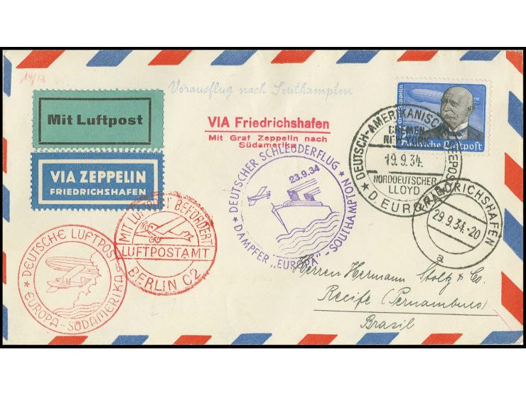 9. Südamerikafahrt, Brief nach Pernambuco mit vorausgegangener Katapultflugbeförderung "Europa"-Southampton 23.9.34, die Fran