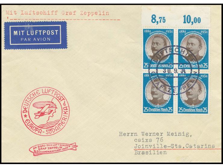 Bordpostbrief (unten umgefaltet) mit Oberrand-4er-Block Mi.-Nr. 543 und rückseitig 553 im waagerechten Oberrandpaar mit Bordp