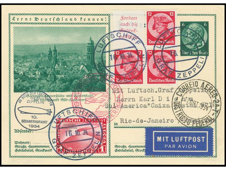 10. Südamerikafahrt, Bordpostkarte mit u.a. Chicagofahrt 1 M. mit Bordpoststempel vom 16.10. sowie zusätzlich Bordstempel nac