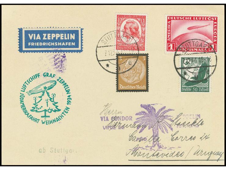 Karte Anschlußflug Stuttgart mit u.a. Zeppelin 1 M. nach Montevideo/Uruguay mit violettem Agenturstempel der Uruguay-Post als
