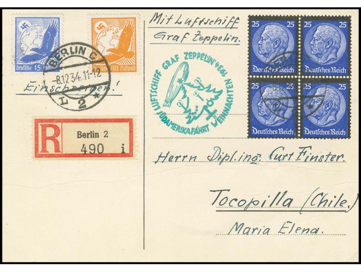 R-Karte Anschlußflug Berlin (leichte Knitter) mit u.a. Mi.-Nr. 553 im 4er-Block und ausführlichem Bedarfstext nach Chile