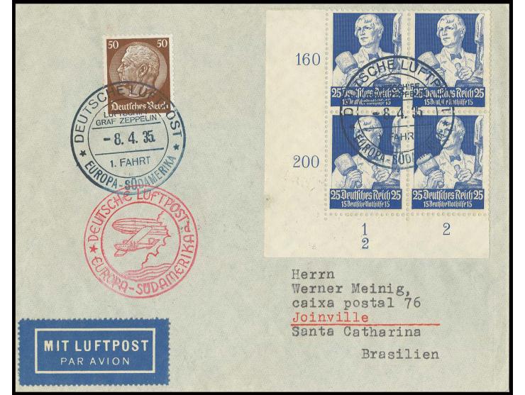 1935, 1. Südamerikafahrt, Bordpostbrief mit Stände 25 Pfg. im linken unteren Eckrand-4er-Block und Bordpoststempel vom 8.4. n